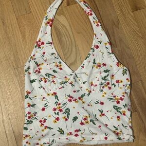 Floral Halter Neck Top - White with Red and Yellow Flowers